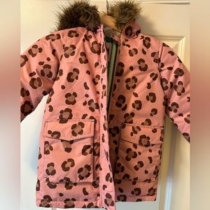 Like New Mini Boden Kids Animal Print Hooded Waterproof Parka with Faux Fur Trim